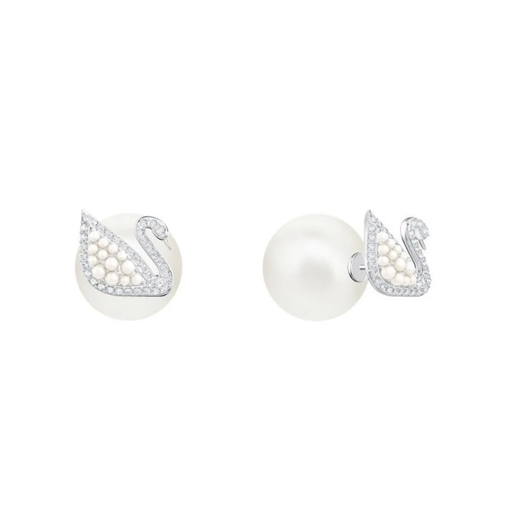 Swarovski Iconic Swan Crystal Pearl Earring, White, Rhodium Plated