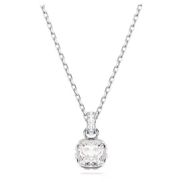 Birthstone pendant, Square cut, April, White, Rhodium plated