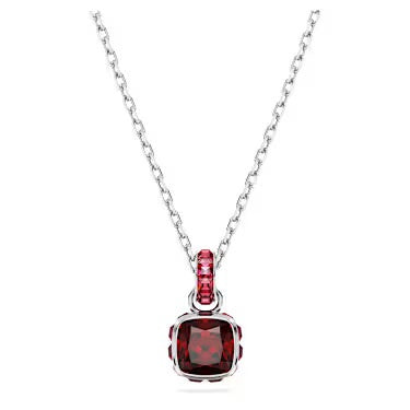 Birthstone pendant, Square cut, January, Red, Rhodium plated