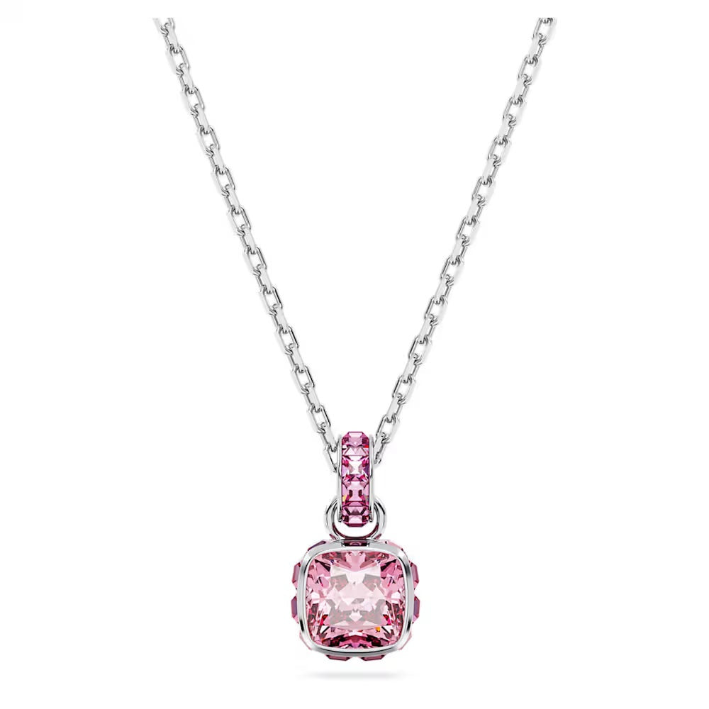 Birthstone pendant, Square cut, October, Pink, Rhodium plated