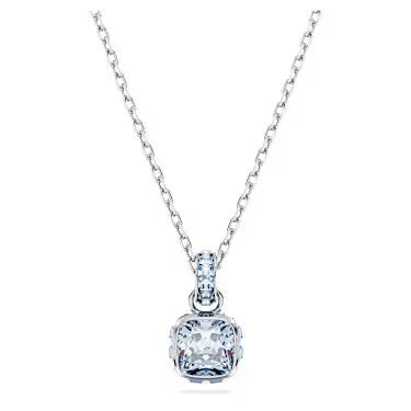 Birthstone pendant, Square cut, March, Blue, Rhodium plated