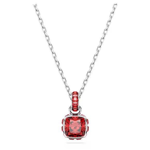 Birthstone pendant, Square cut, July, Red, Rhodium plated