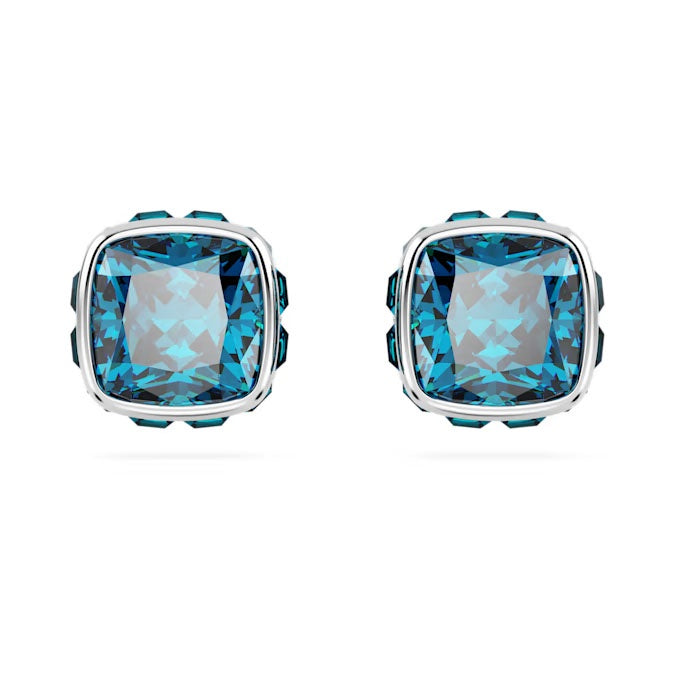 Birthstone stud earrings, Square cut, December, Blue, Rhodium plated