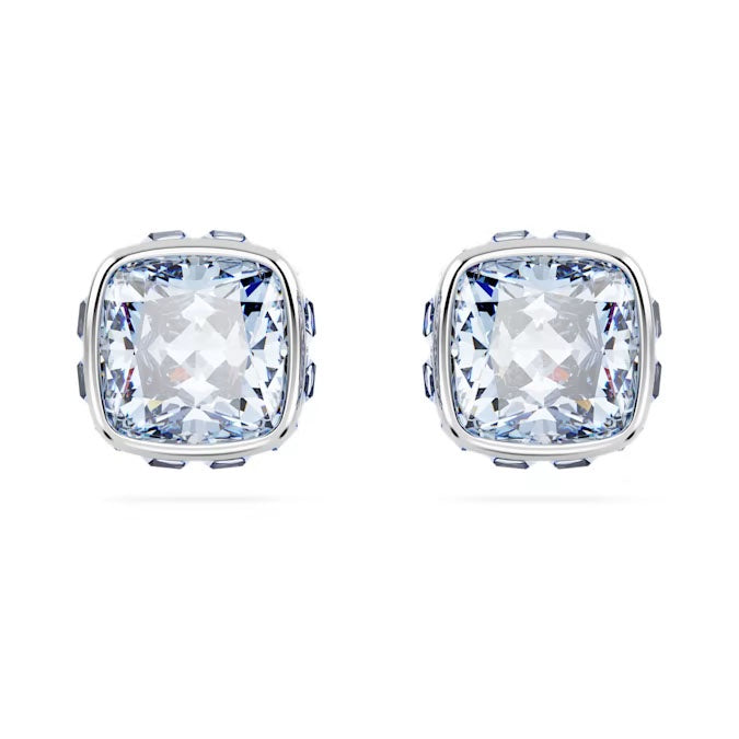 Birthstone stud earrings, Square cut, March, Blue, Rhodium plated