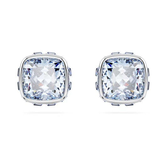 Birthstone stud earrings, Square cut, March, Blue, Rhodium plated