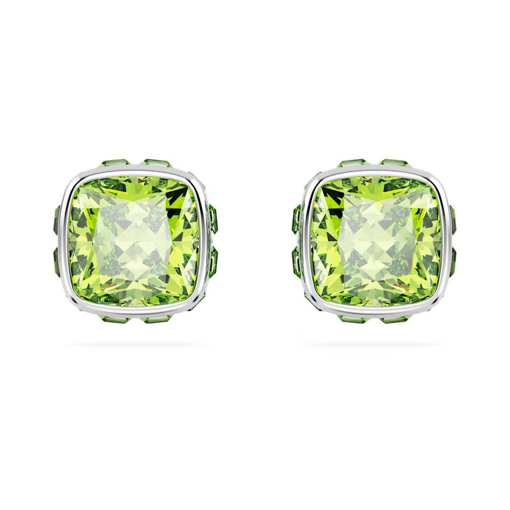 Birthstone stud earrings, Square cut, August, Green, Rhodium plated