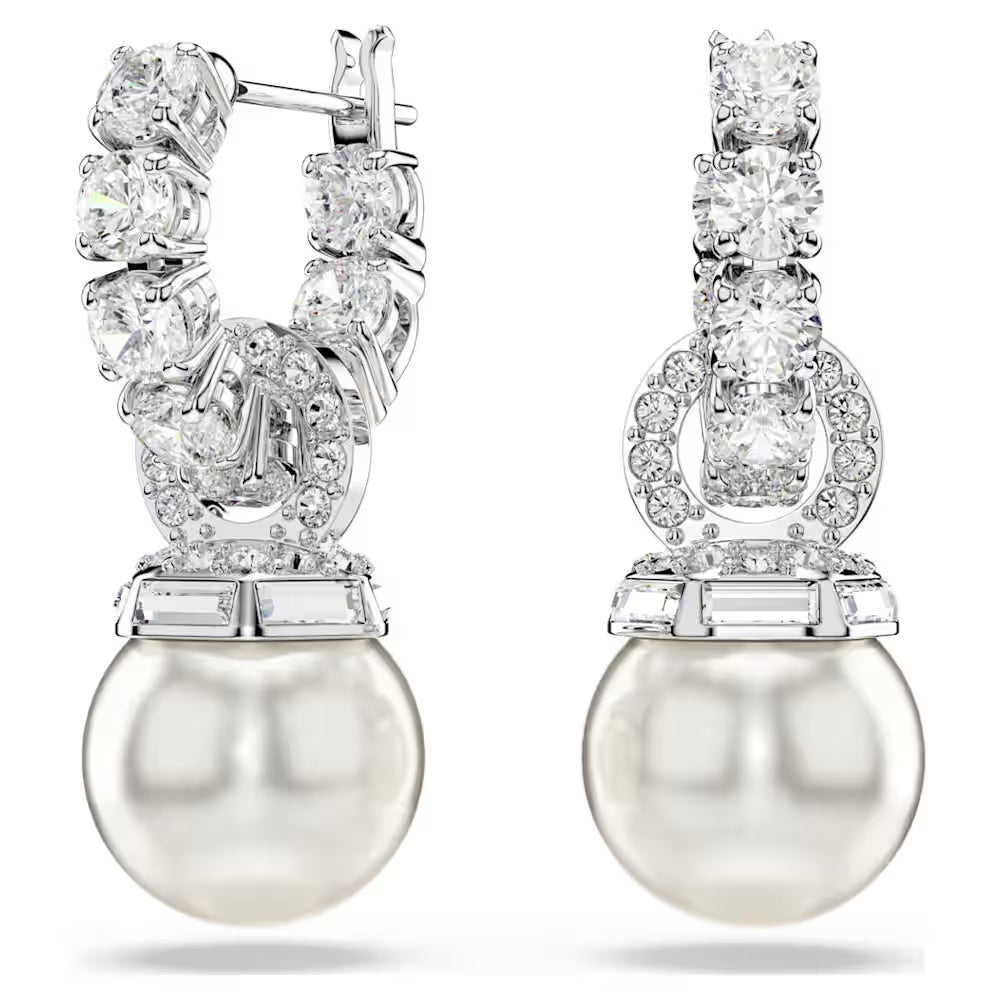 Matrix drop earrings, Crystal pearl, Round cut, White, Rhodium plated
