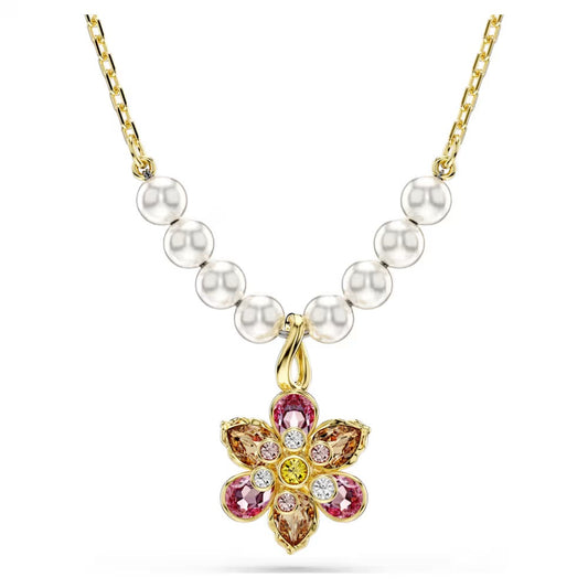Idyllia pendant, Crystal pearl, Mixed cuts, Flower, Multicoloured, 18k gold finish