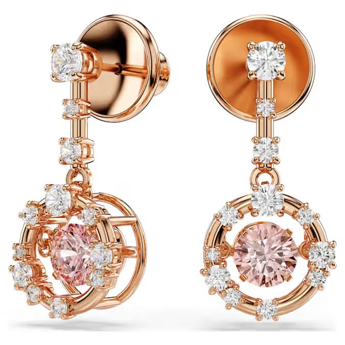 Constella drop earrings, Round cut, Dancing stone, Pink, Rose gold-tone plated