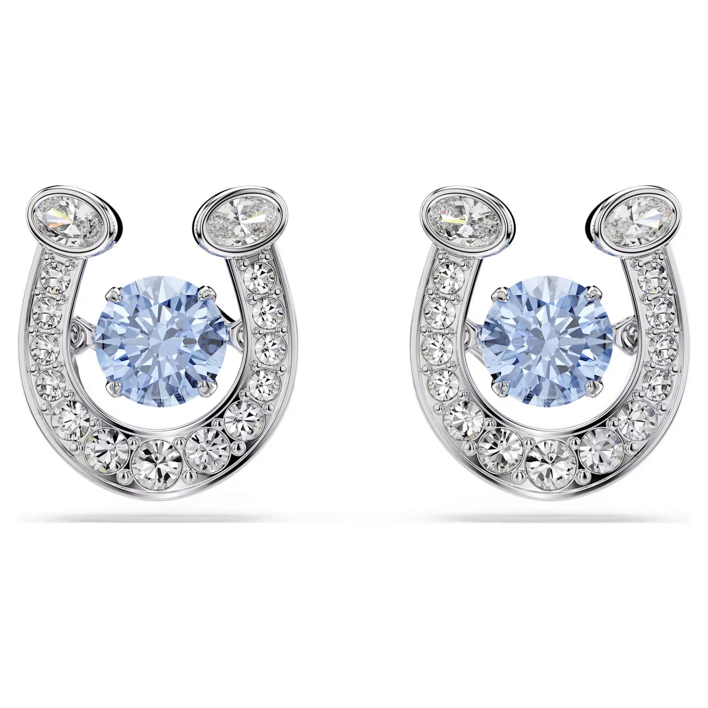 Symbolica stud earrings, Round cut, Pave, Horseshoe, Blue, Rhodium plated