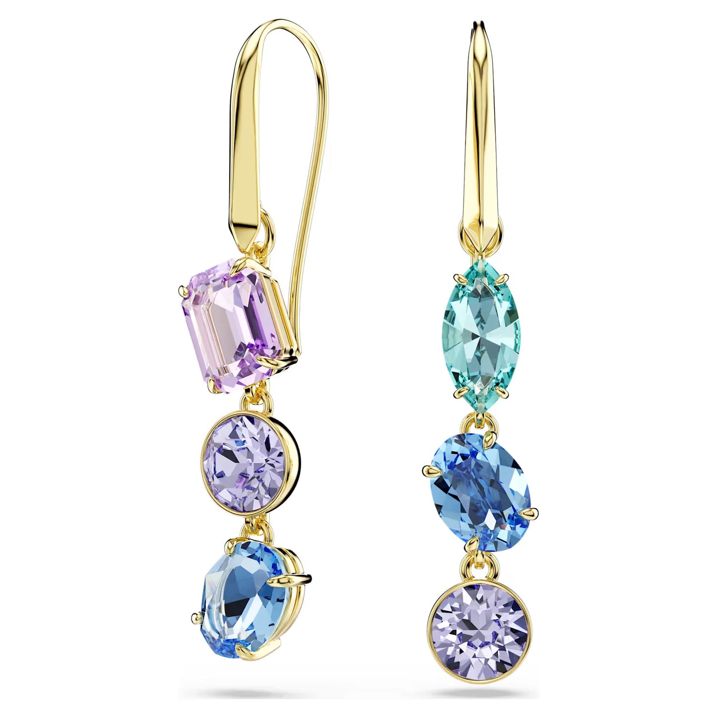 Gema drop earrings, Asymmetrical design, Mixed cuts, Multicoloured, 18k gold finish
