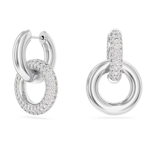 Swarovski Dextera hoop earrings, Asymmetrical design, Interlocking loop, White, Rhodium plated