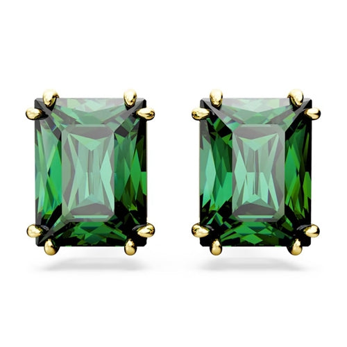 Swarovski Matrix stud earrings Rectangular cut, Green, Gold-tone plated