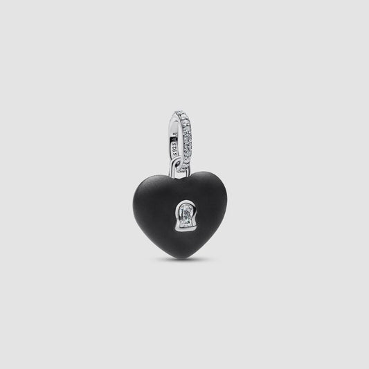 Matte Black Ceramic Heart Padlock Dangle Charm