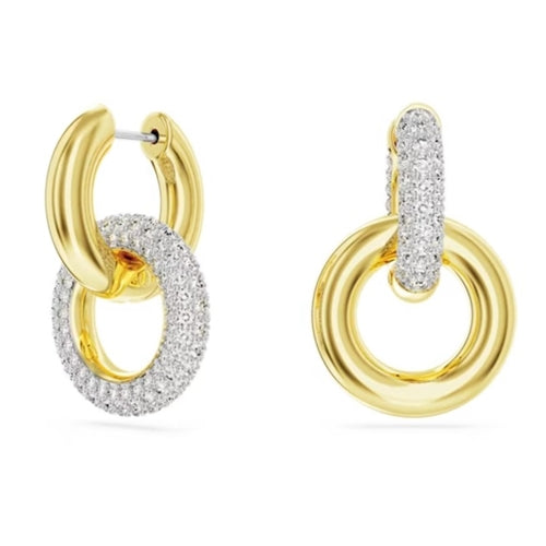 Swarovski Dextera hoop earrings, Asymmetrical design, Interlocking loop, White, 18k gold plated