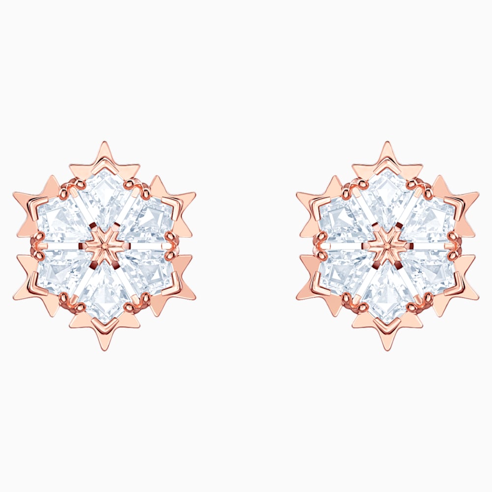 Swarovski magic stud earrings Snowflake, White, Rose gold-tone plated