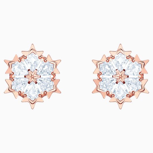 Swarovski magic stud earrings Snowflake, White, Rose gold-tone plated