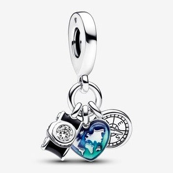 Camera Heart & Compass Triple Dangle Charm