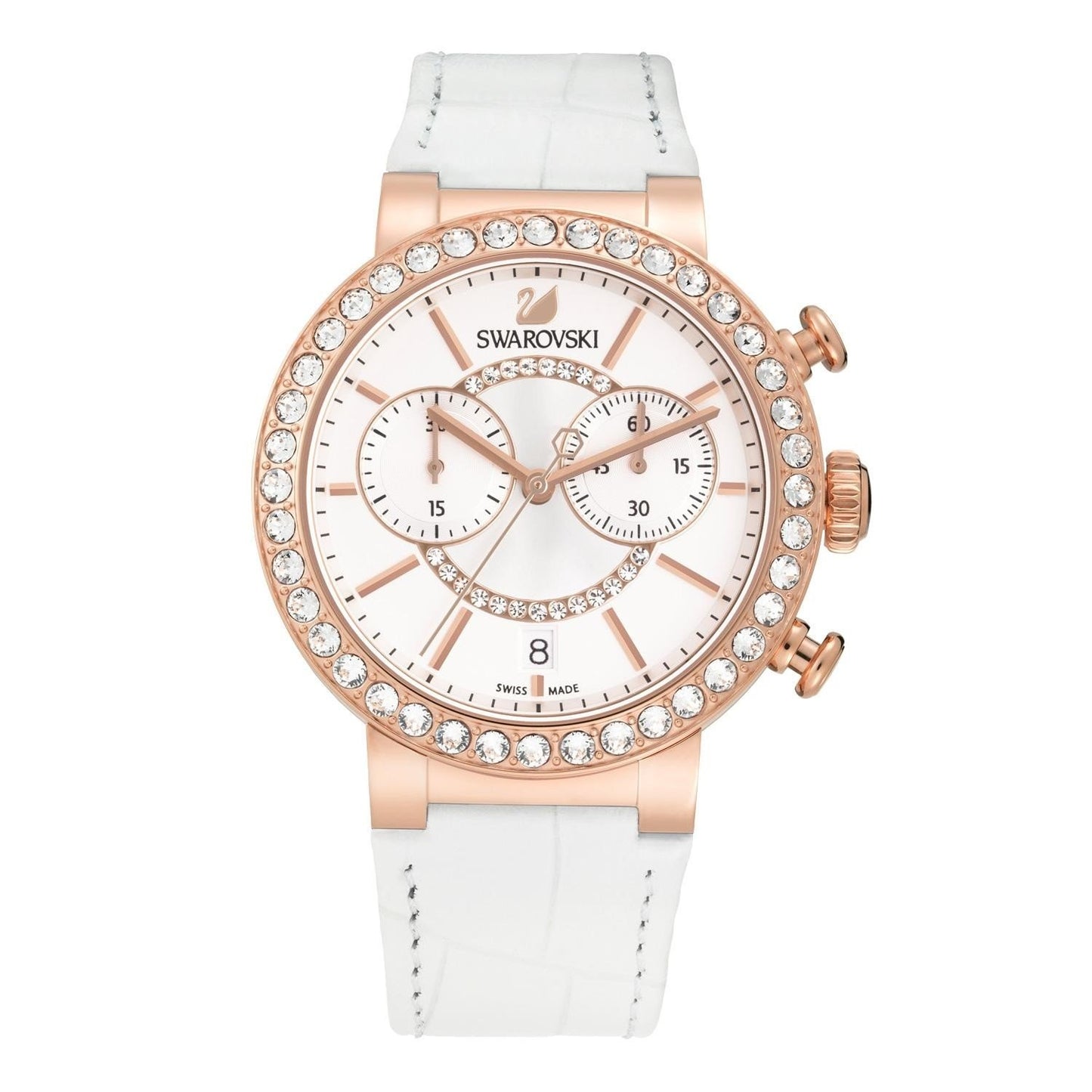 Swarovski Citra Sphere Chronograph Watch, Leather Strap, White, Rose Gold Tone PVD