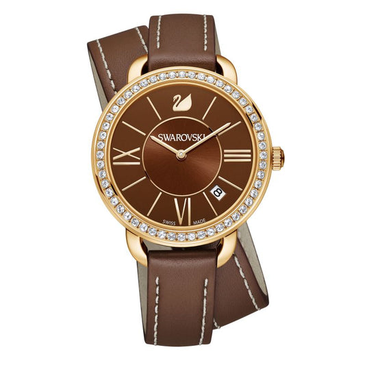 Swarovski Aila Day Watch, Leather Strap, Brown, Gold Tone PVD