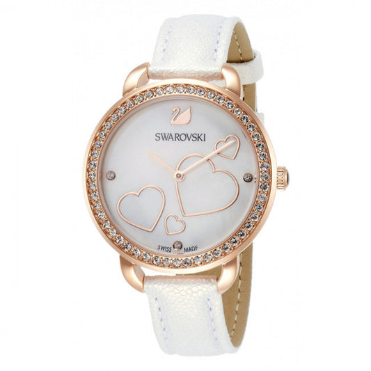 Swarovski Alia Day Heart Watch, Leather Strap, White, Rose Tone PVD