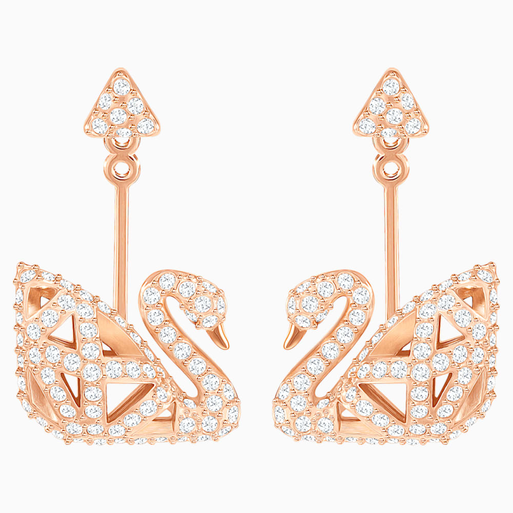 Swarovski Facet Swan Pierced Earring, White, Rose Gold Tone Plated