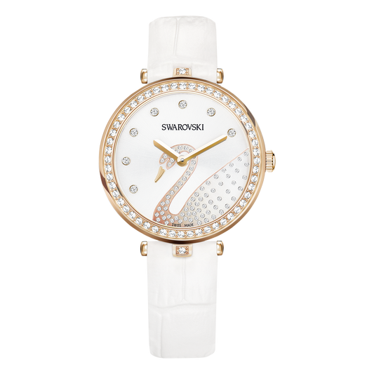 Swarovski Aila Dressy Lady Swan Watch, Leather Strap, White, Rose Gold Tone PVD