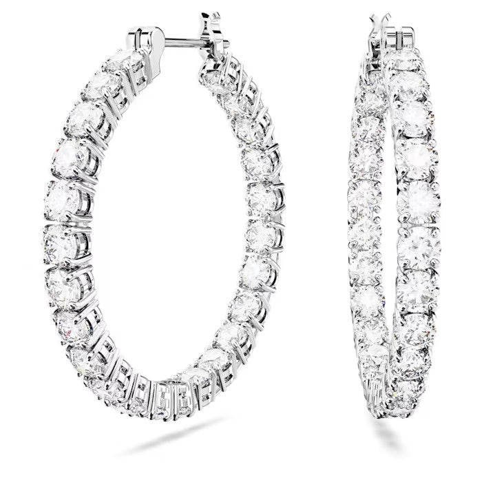 Matrix hoop earrings Round cut, White, Rhodium plated