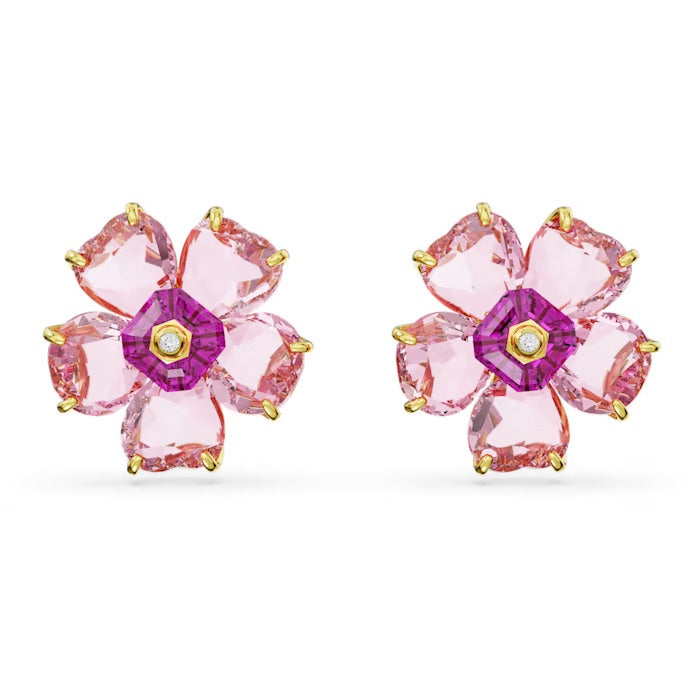 Swarovski Florere Stud Earrings, Flower, Pink, Gold-tone plated