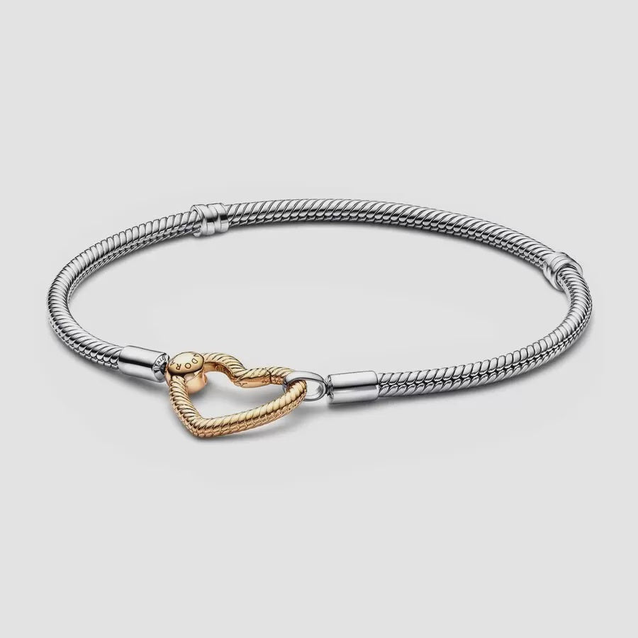Pandora Moments Gold Heart Closure Rose Silver Snake Chain Bracelet