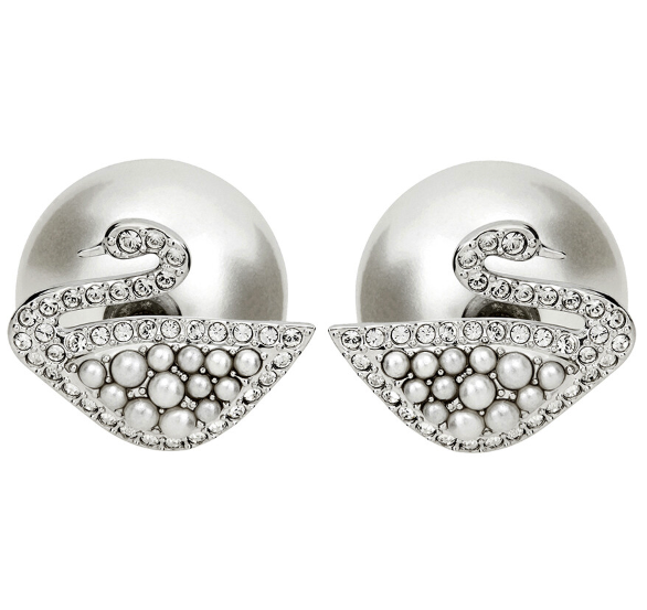 Swarovski Iconic Swan Crystal Pearl Earring, White, Rhodium Plated