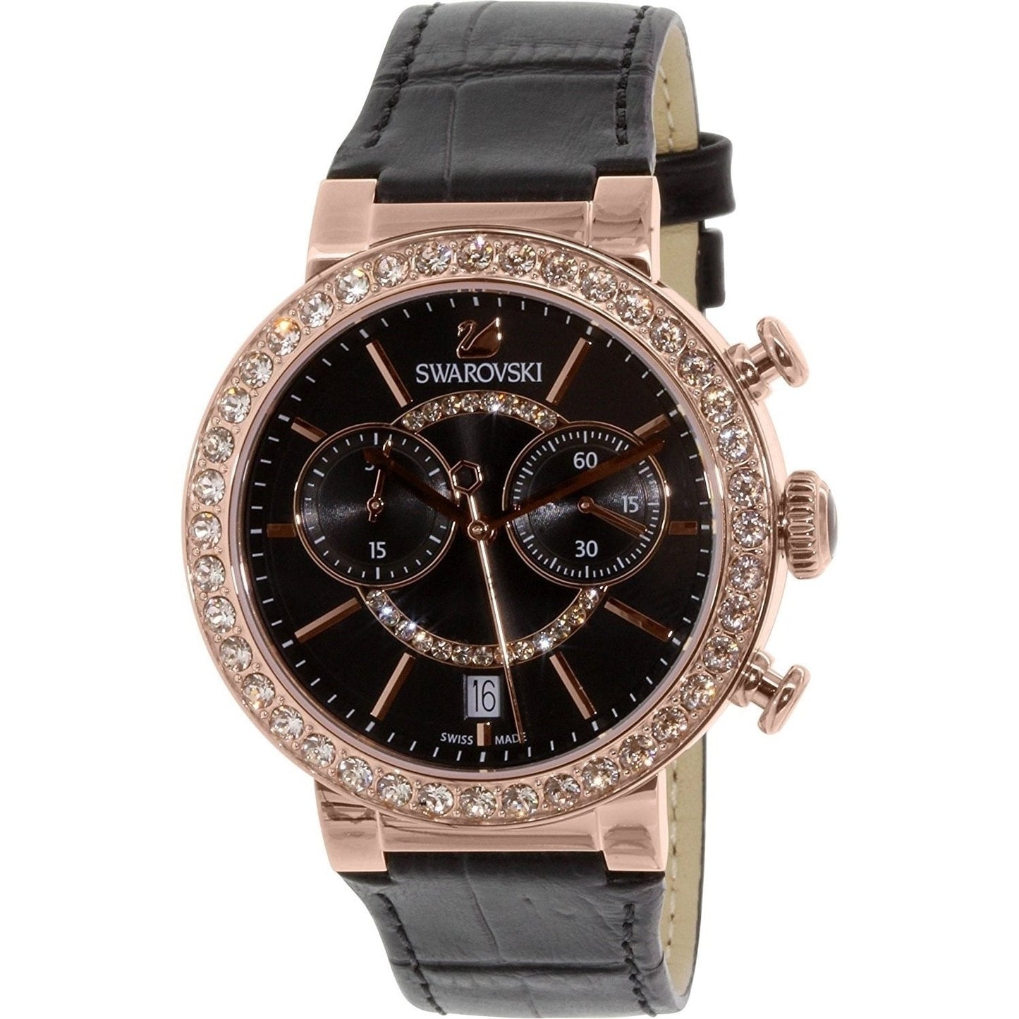 Swarovski Citra Sphere Chronograph Watch, Leather Strap, Black, Rose Gold Tone PVD