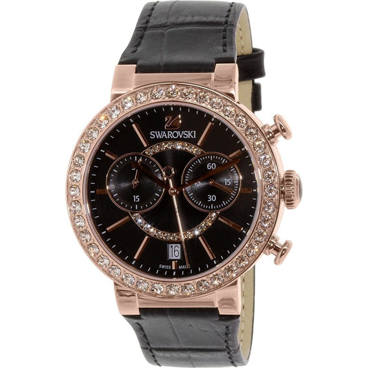 Swarovski Citra Sphere Chronograph Watch, Leather Strap, Black, Rose Gold Tone PVD