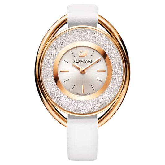 Swarovski Crystalline Oval Watch, Leather strap, White, Rose Gold Tone PVD