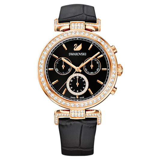Swarovski Era Journey Watch, Leather strap, Black, Rose Gold Tone PVD