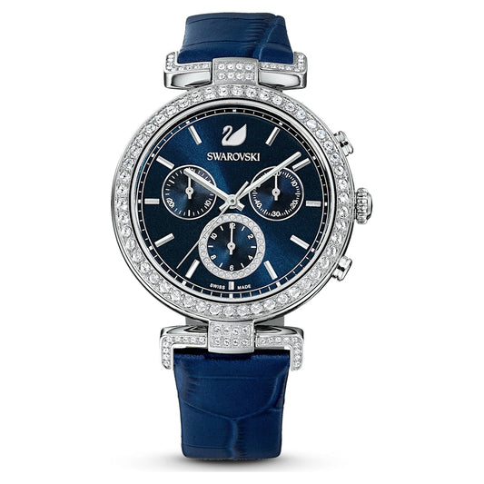Swarovsk Era Journey Watch, Leather Strap, Blue, Stainless Steel