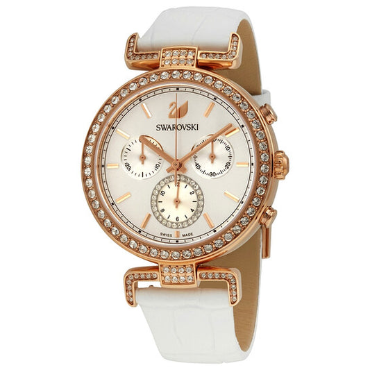 Swarovski Era Journey Watch, Leather strap, White, Rose Gold Tone PVD