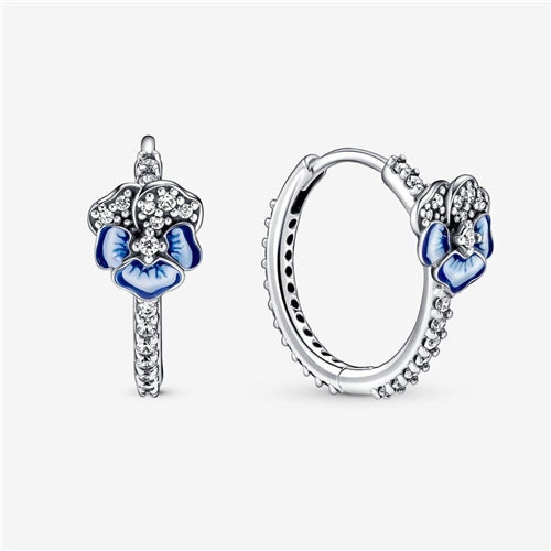 Blue Pansy Flower Hoop Earrings