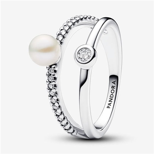 Treated Freshwater Cultured Pearl & Pavé Double Band Ring