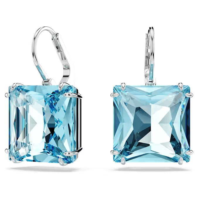 Millenia drop earrings, Square cut, Blue, Rhodium plated
