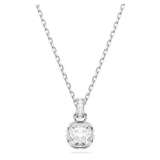 Birthstone pendant, Square cut, April, White, Rhodium plated