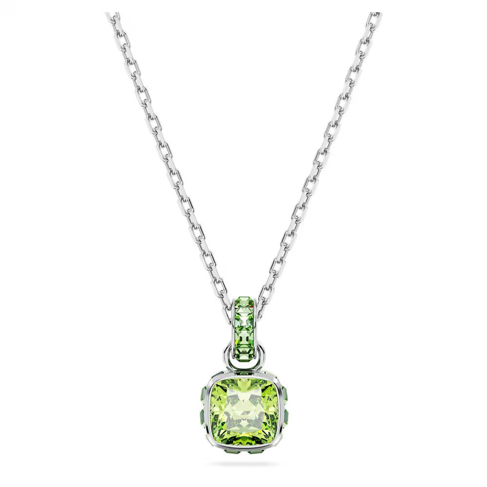 Birthstone pendant, Square cut, August, Green, Rhodium plated