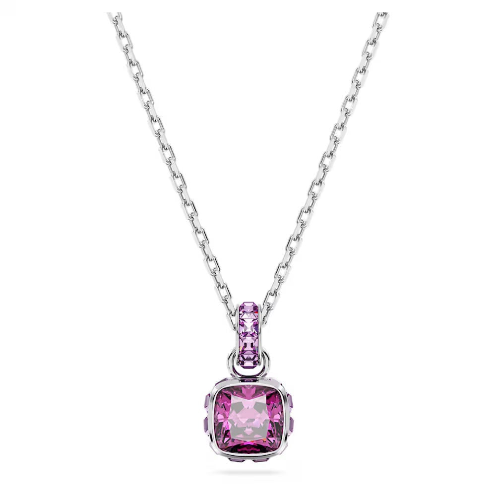 Birthstone pendant, Square cut, February, Purple, Rhodium plated