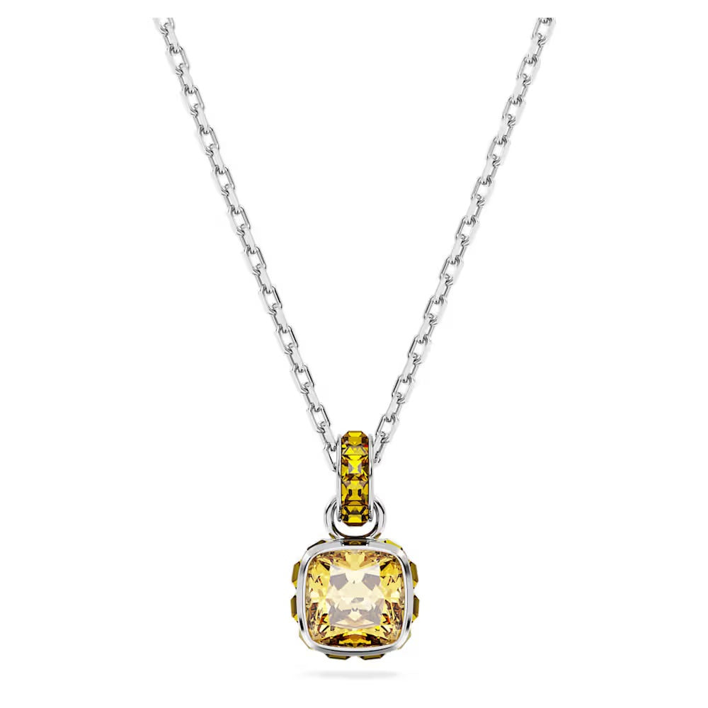 Birthstone pendant, Square cut, November, Yellow, Rhodium plated
