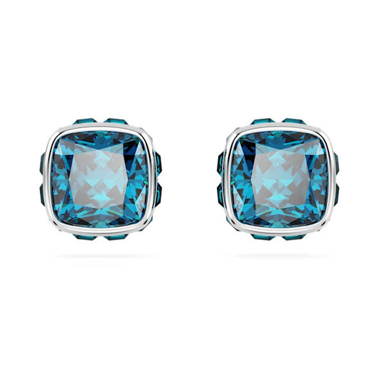 Birthstone stud earrings, Square cut, December, Blue, Rhodium plated
