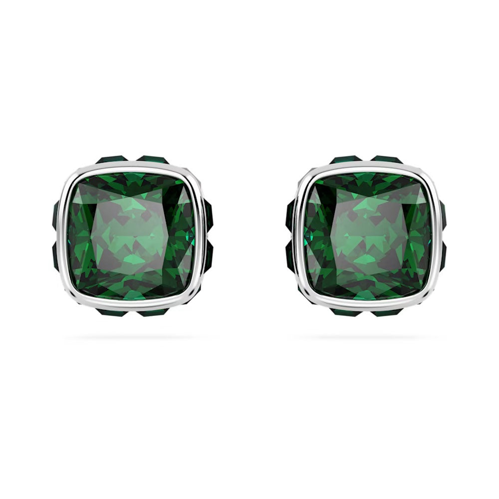 Birthstone stud earring,s Square cut, May, Green, Rhodium plated