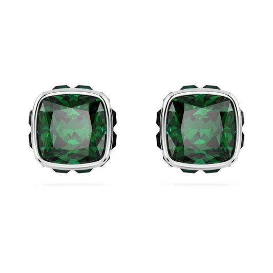 Birthstone stud earring,s Square cut, May, Green, Rhodium plated