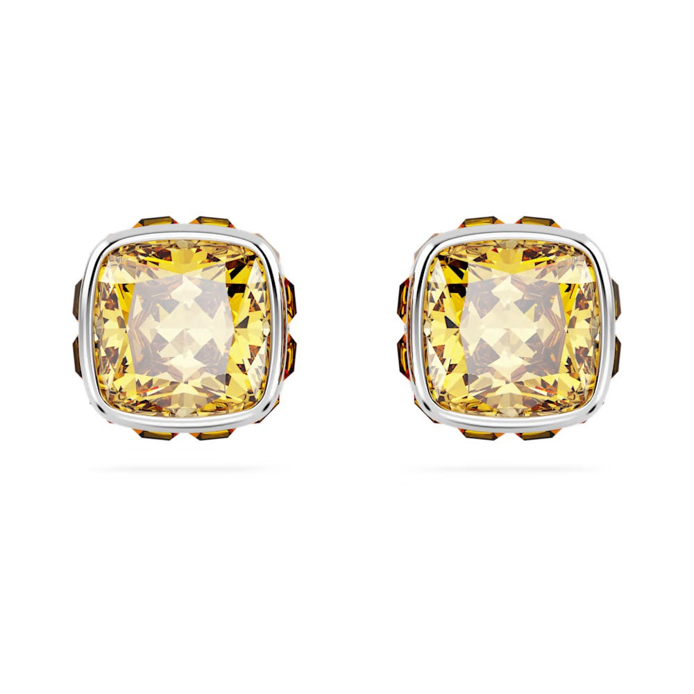 Birthstone stud earrings, Square cut, November, Yellow, Rhodium plated