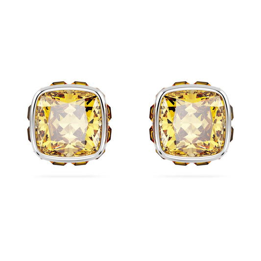 Birthstone stud earrings, Square cut, November, Yellow, Rhodium plated