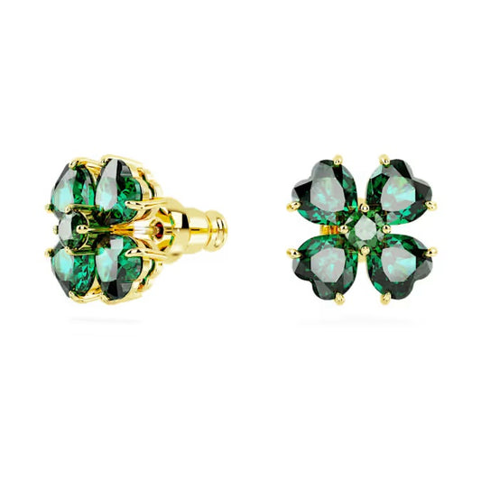 Idyllia stud earrings, Clover, Green, Gold-tone plated